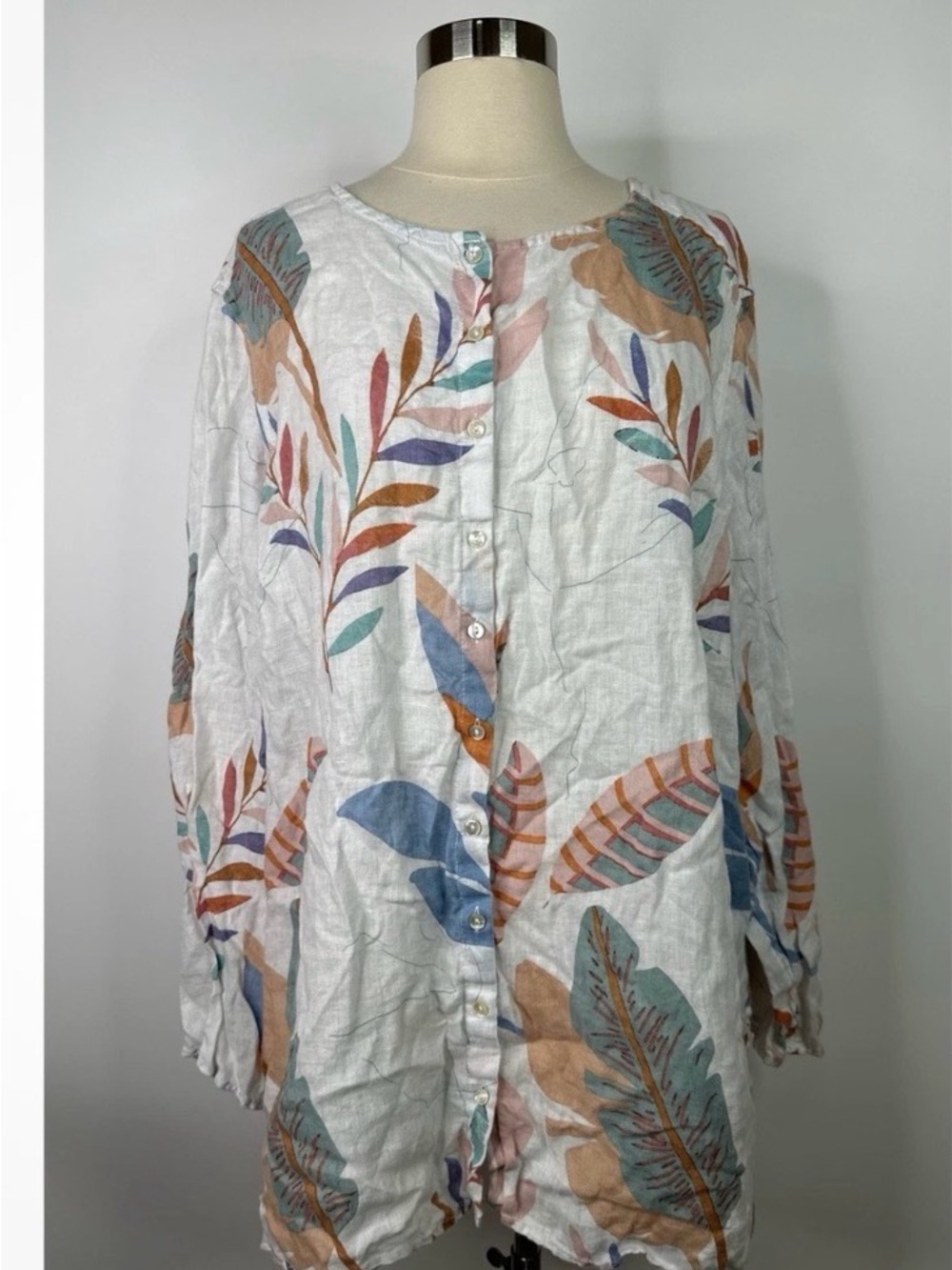 Cynthia Rowley 100% linen rolled-tab sleeves pastel Multicolor Leaf Print